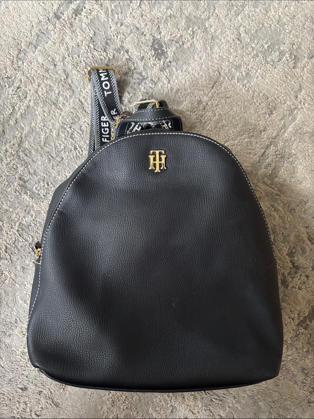 Tommy Hilfiger Black Pebble Leather Backpack with Branded Strap